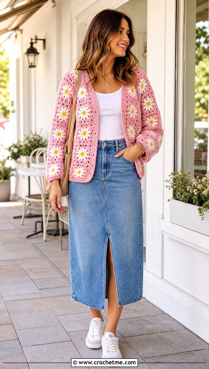 Daisy Granny Square Cardigan With Denim Midi Skirt - 35 Easy Simple Crochet Granny Square Cardigan outfit ideas