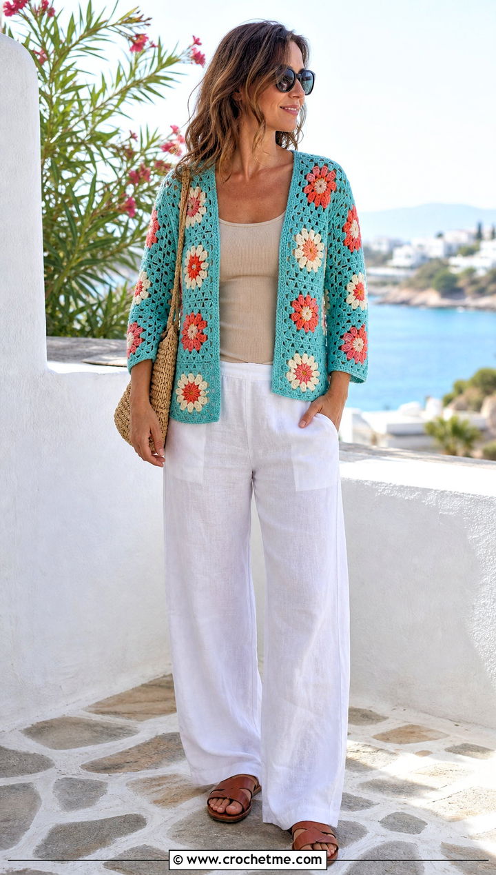 Daisy Granny Square Cardigan With Linen Pants - 25 Daisy Granny Square Cardigan outfit ideas