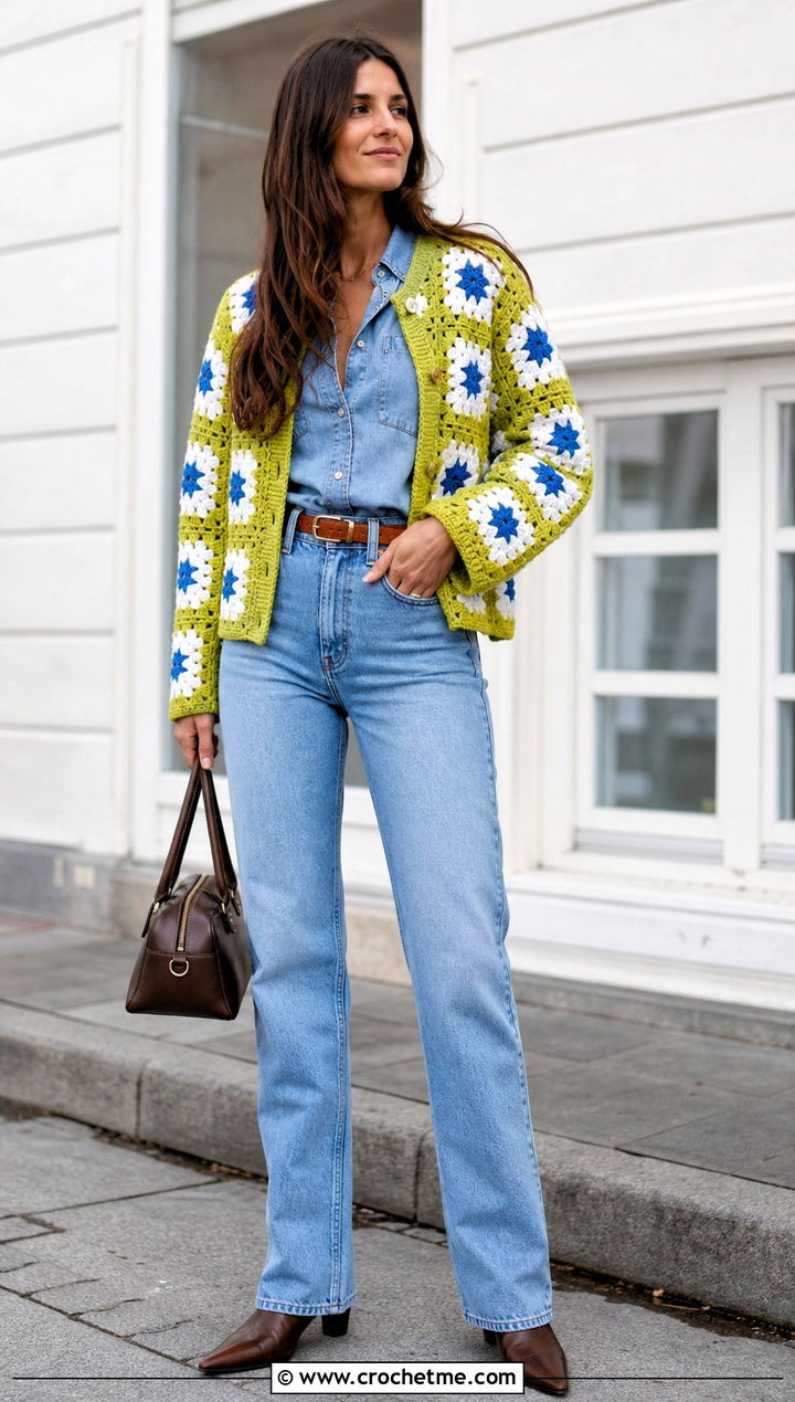 Daisy Granny Square Cardigan With Matching Denim Set - 25 Daisy Granny Square Cardigan outfit ideas