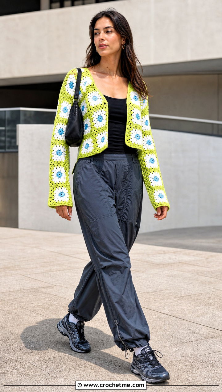 Daisy Granny Square Cardigan With Parachute Pants - 25 Daisy Granny Square Cardigan outfit ideas