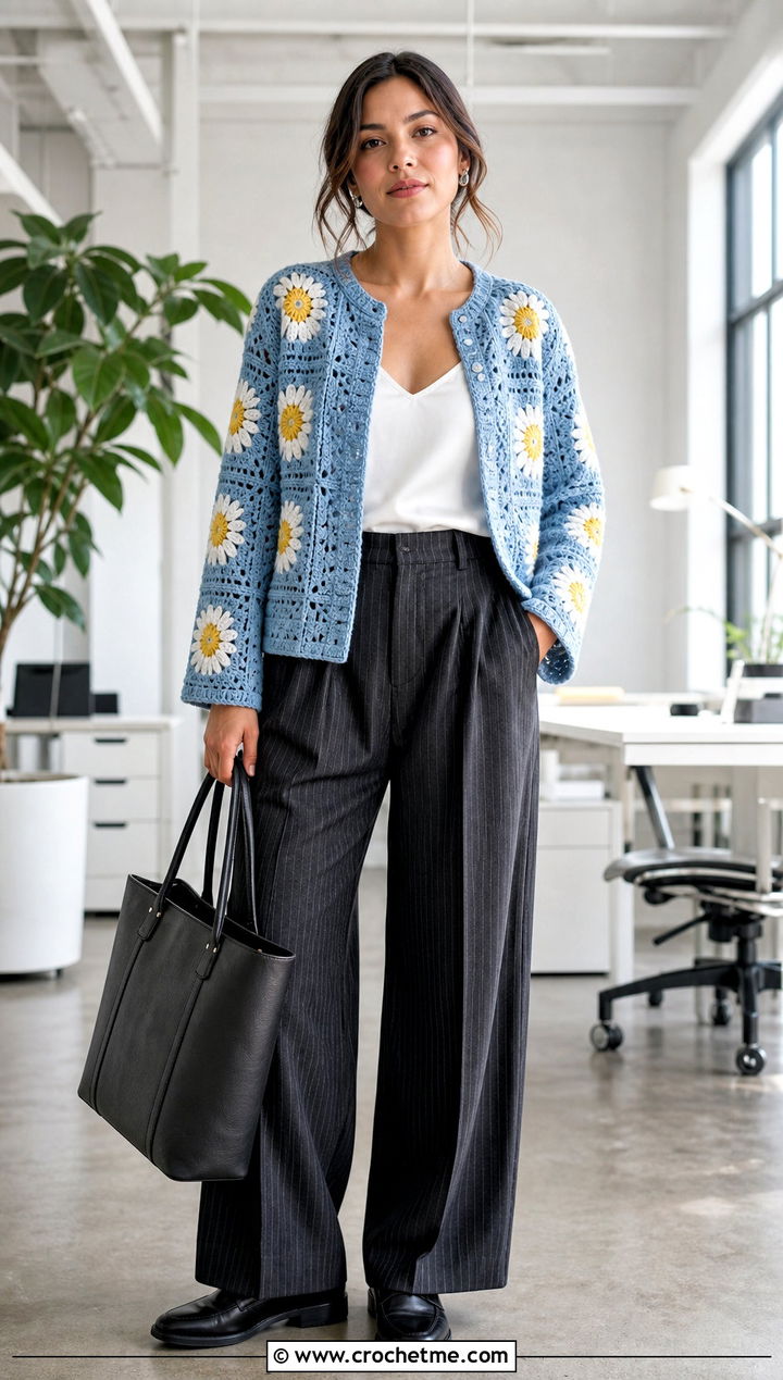 Daisy Granny Square Cardigan With Pinstripe Trousers - 25 Daisy Granny Square Cardigan outfit ideas