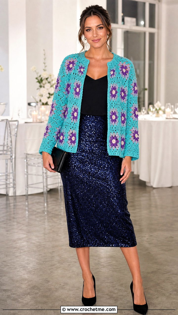 Daisy Granny Square Cardigan With Sequin Skirt - 25 Daisy Granny Square Cardigan outfit ideas
