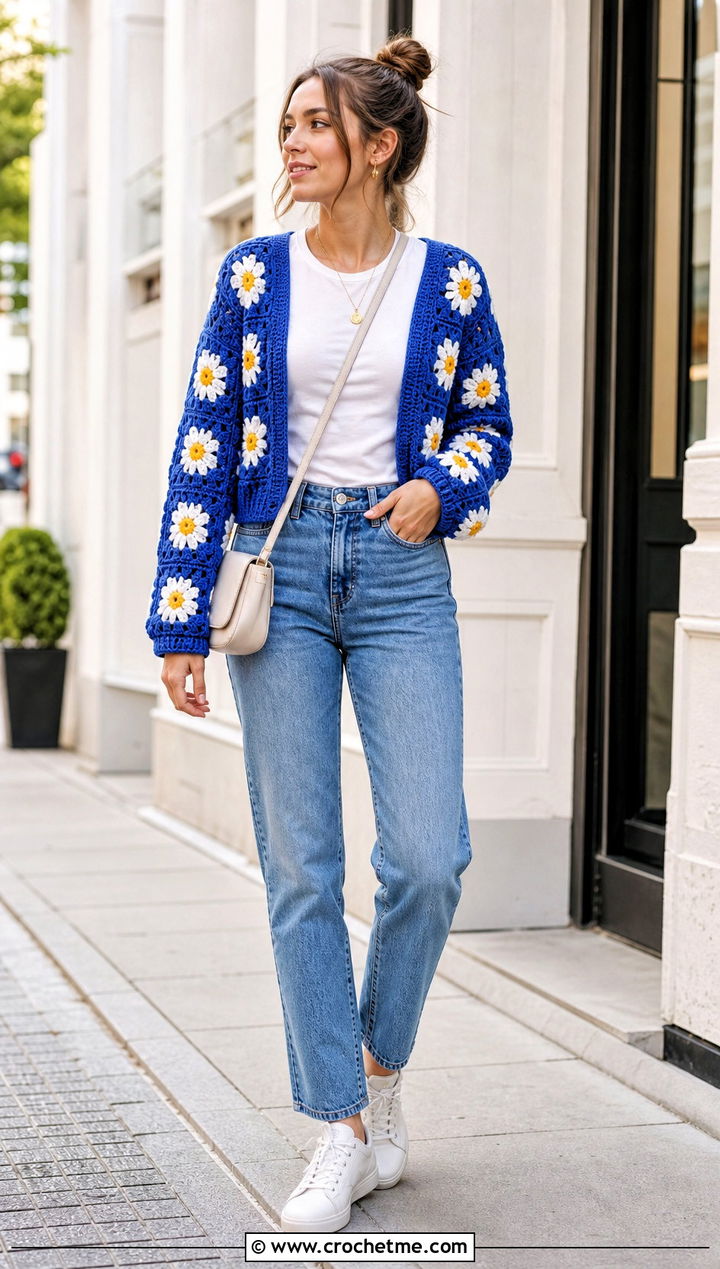 Daisy Granny Square Cardigan With Straight Jeans - 30 crochet flowers cardigan outfit ideas