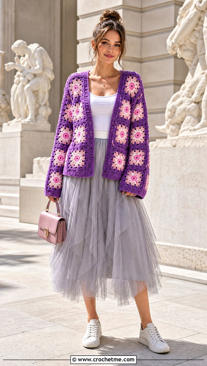 Daisy Granny Square Cardigan With Tulle Midi Skirt - 25 Daisy Granny Square Cardigan outfit ideas