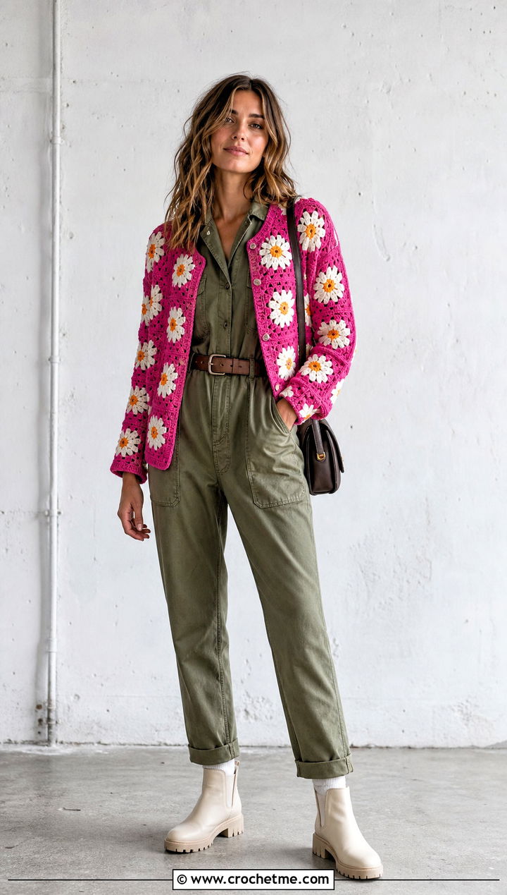 Daisy Granny Square Cardigan With Utility Jumpsuit - 25 Daisy Granny Square Cardigan outfit ideas