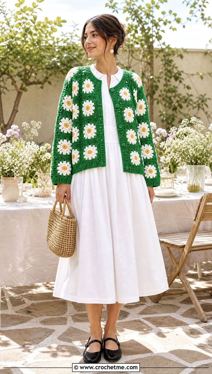 Daisy Granny Square Cardigan With White Poplin Dress - 35 granny square crochet cardigan jacket outfit ideas