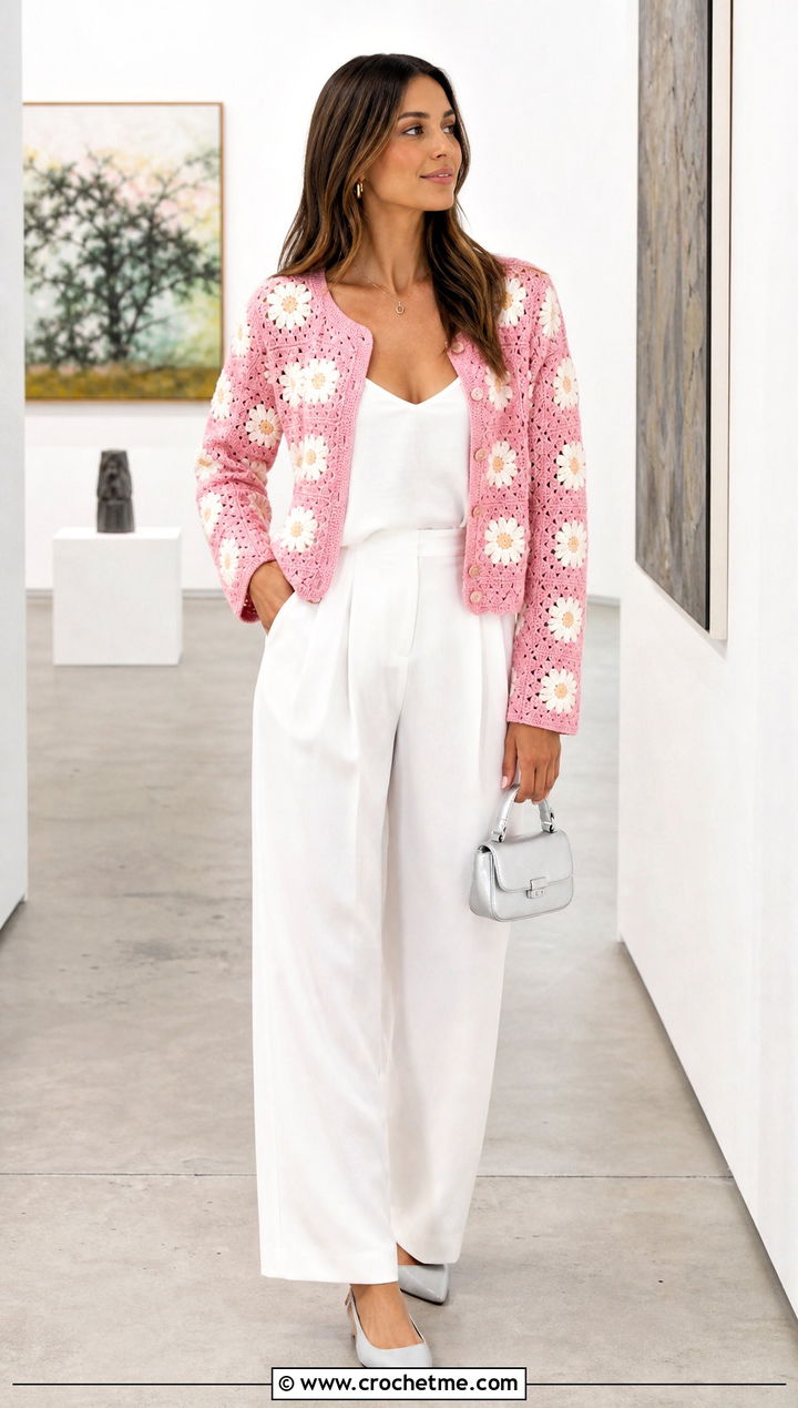 Daisy Granny Square Cardigan With White Wide Leg Pants - 30 granny squares cardigan outfit ideas