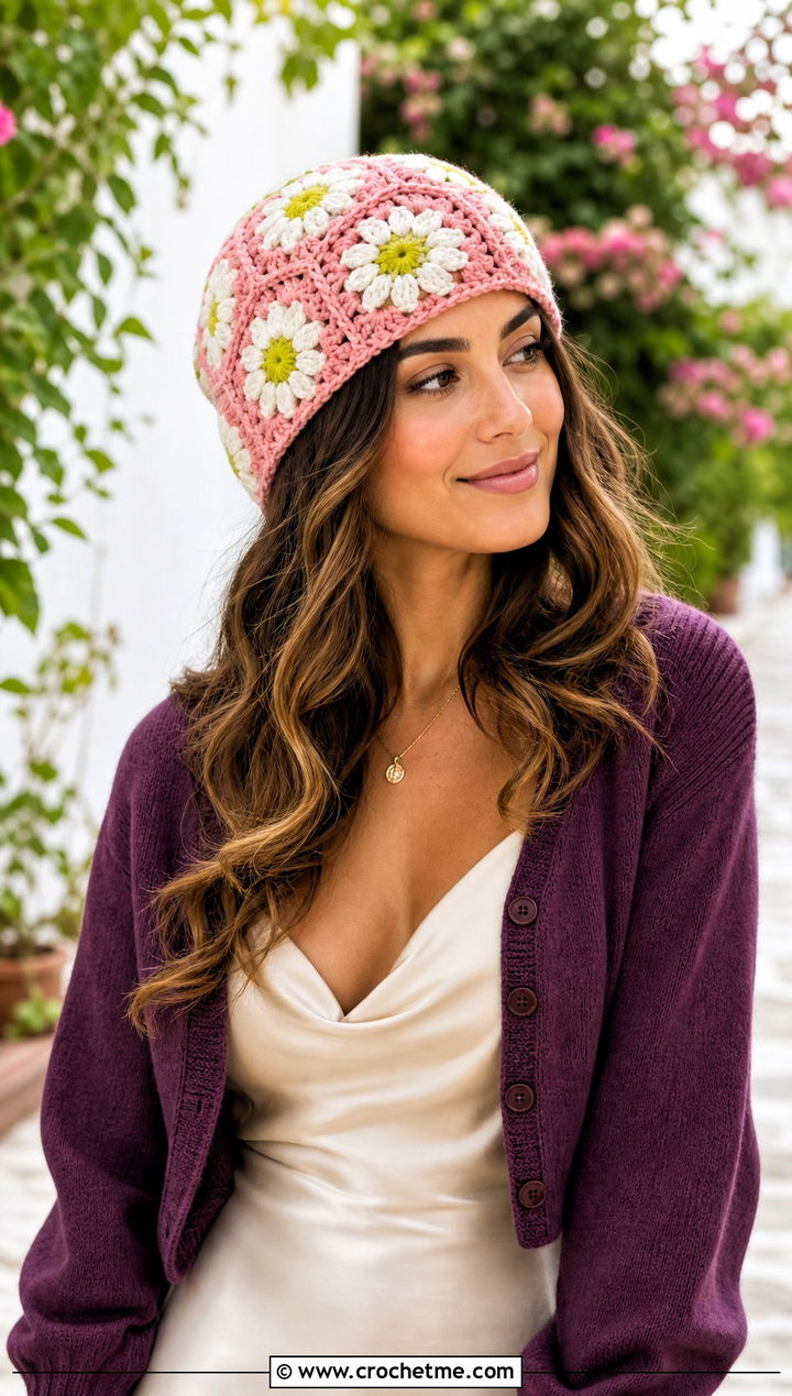 Daisy Granny Square Crochet Beanie With Slip Dress And Boots - 30 granny square crochet beanie outfit ideas