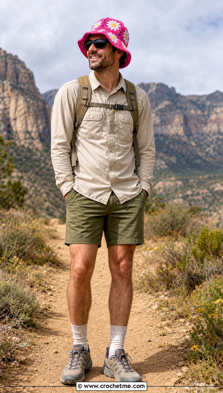 Daisy Granny Square Crochet Bucket Hat With Hiking Outfit - 35 men crochet bucket hat outfit ideas