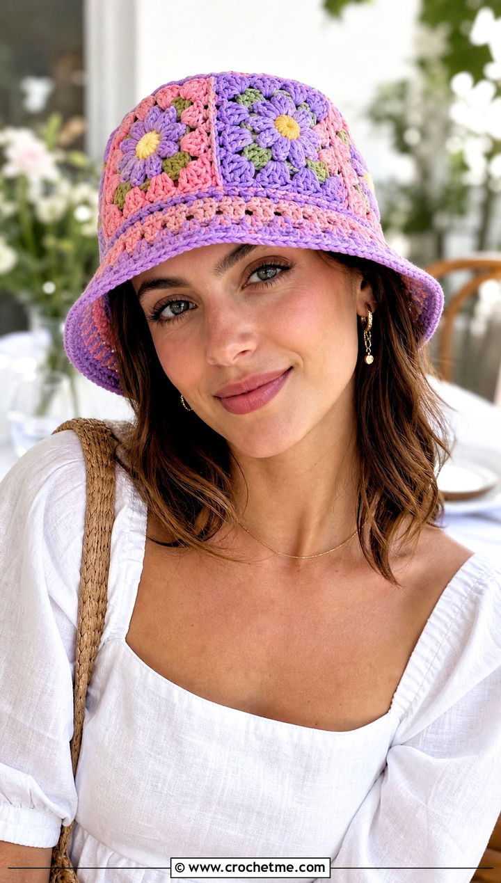 Daisy Granny Square Crochet Bucket Hat With Linen Dress - 35 granny square crochet bucket hat outfit ideas