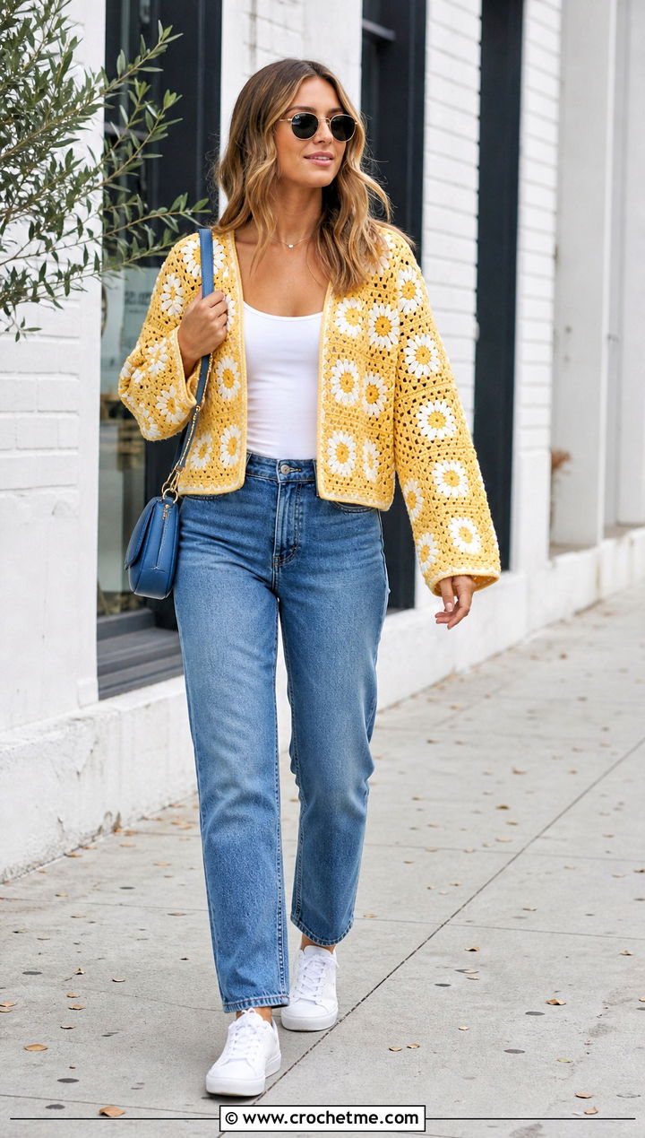Daisy Granny Square Crochet Cardigan With Straight Leg Jeans - 25 Flower Crochet Cardigan outfit ideas