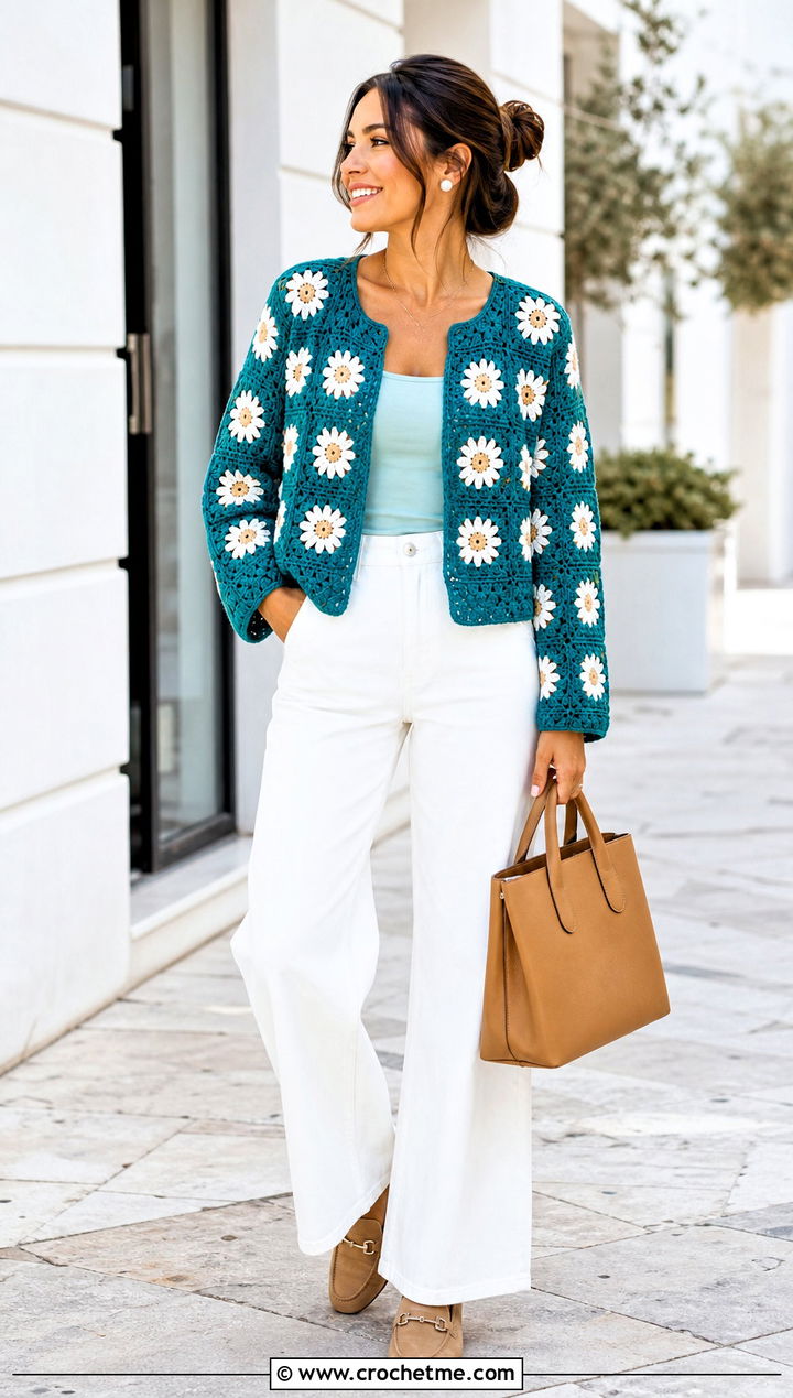Daisy Granny Square Crochet Cardigan With White Jeans - 25 Crochet Cardigan From Square outfit ideas