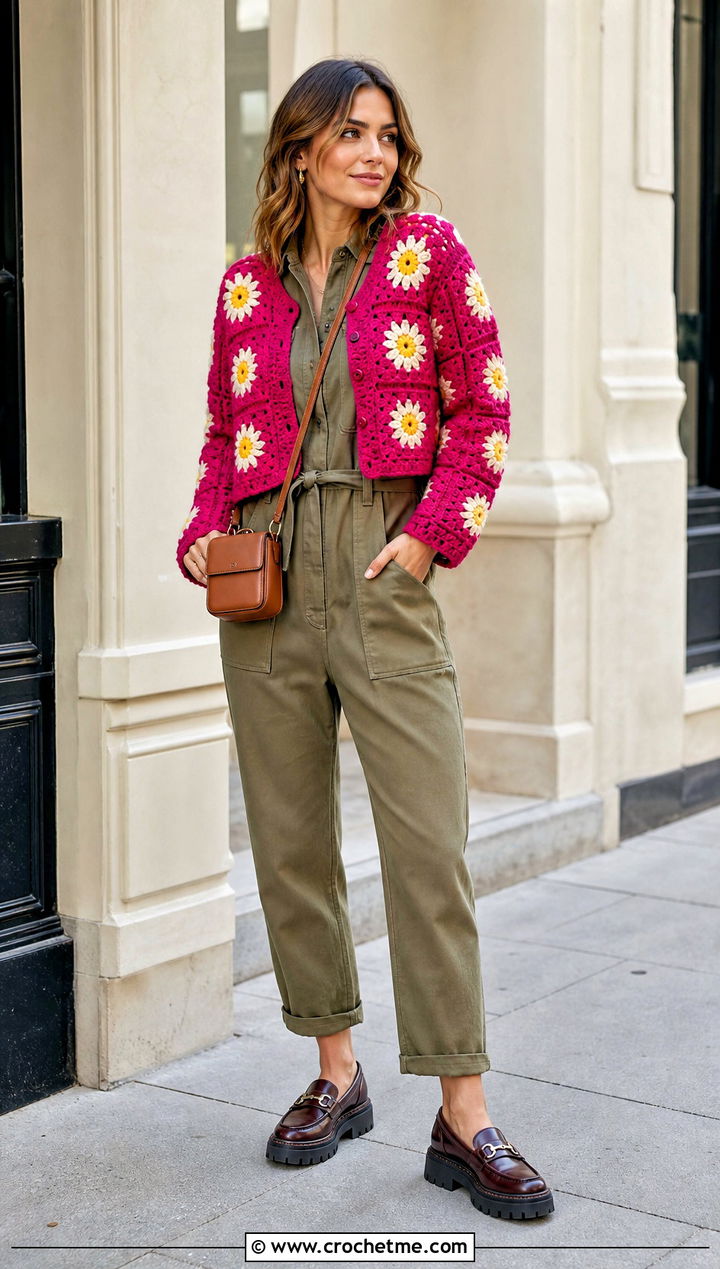 Daisy Granny Square Crochet Crop Cardigan With Utility Jumpsuit - 30 crochet crop cardigan outfit ideas