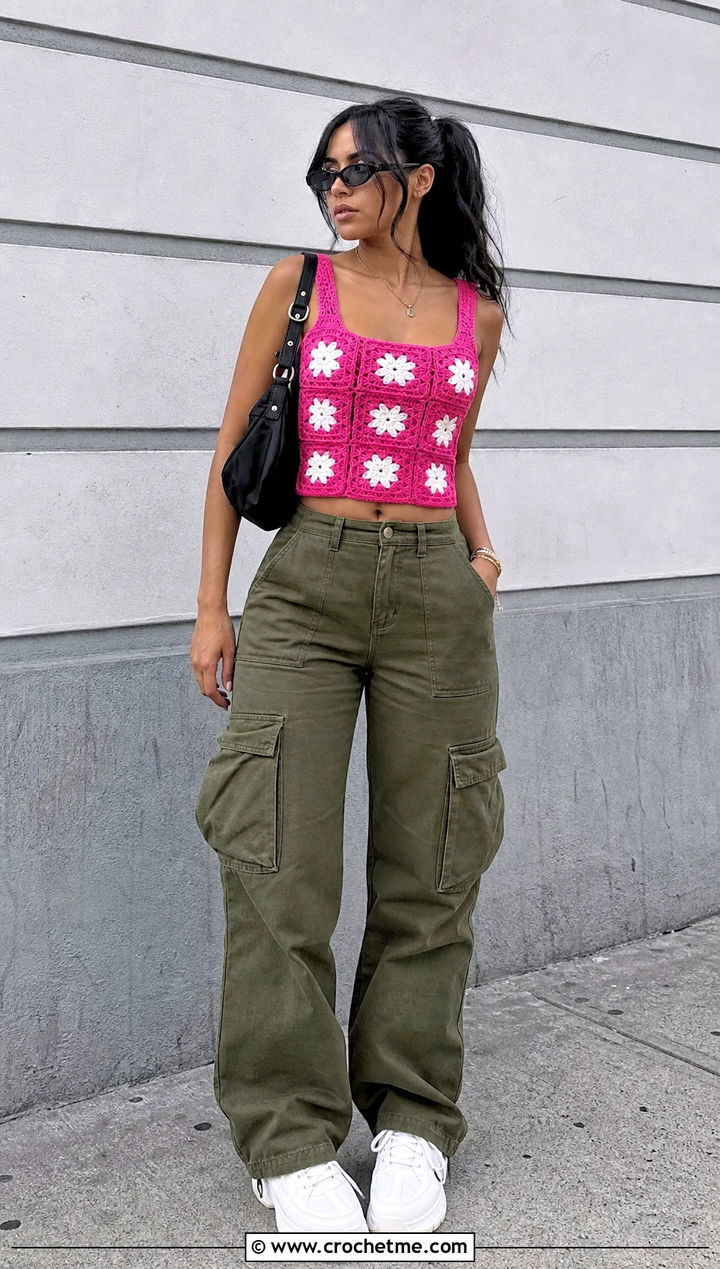 Daisy Granny Square Crochet Crop Top With Cargo Pants - 30 granny square crochet crop top outfit ideas