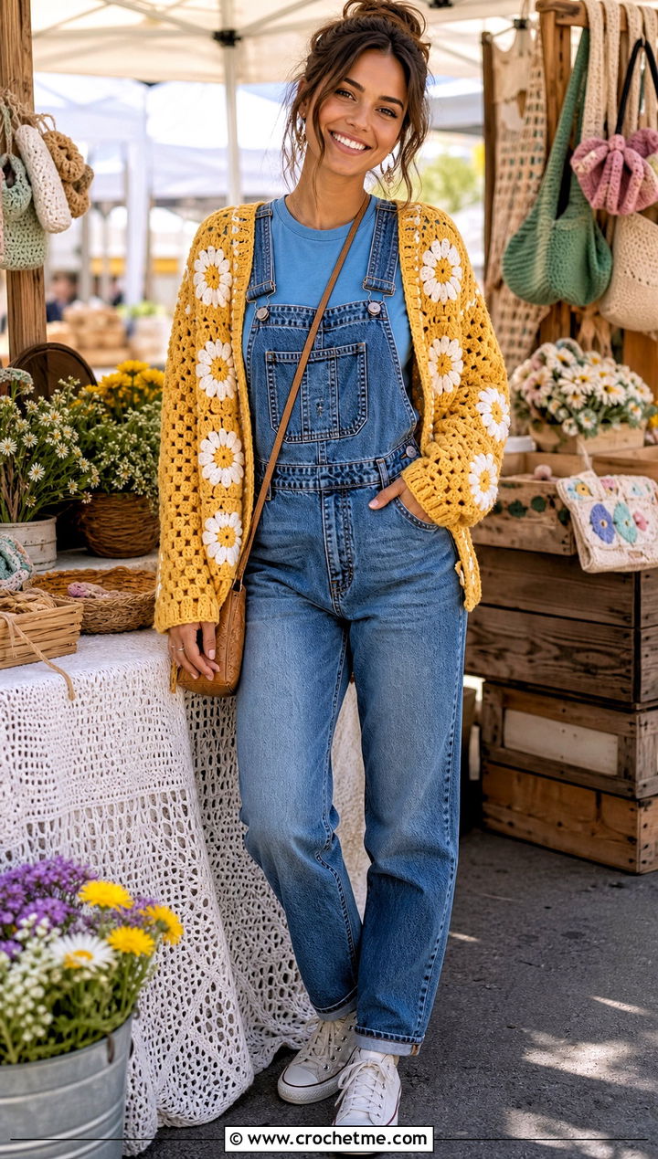 Daisy Granny Square Crochet Grandpa Sweater With Overalls - 25 Crochet Grandpa Sweater outfit ideas