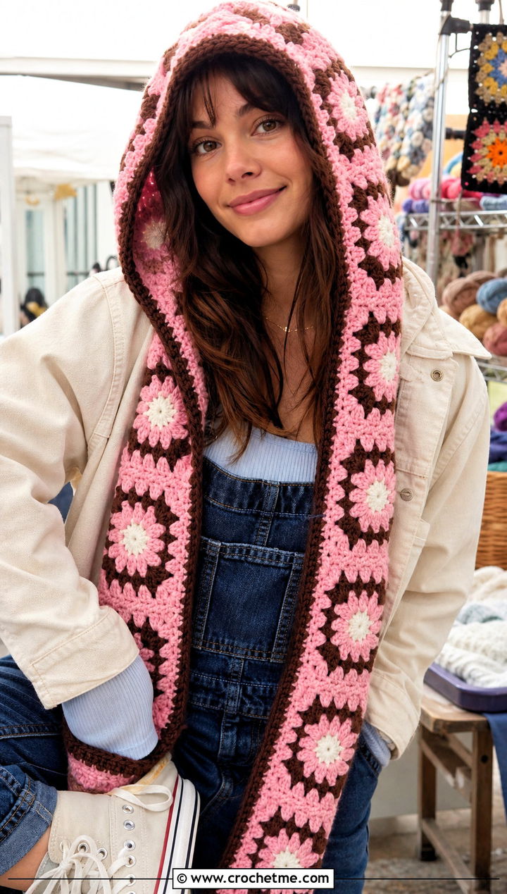 Daisy Granny Square Crochet Hooded Scarf With Denim Overalls - 30 Granny Square Crochet Hooded Scarf outfit ideas