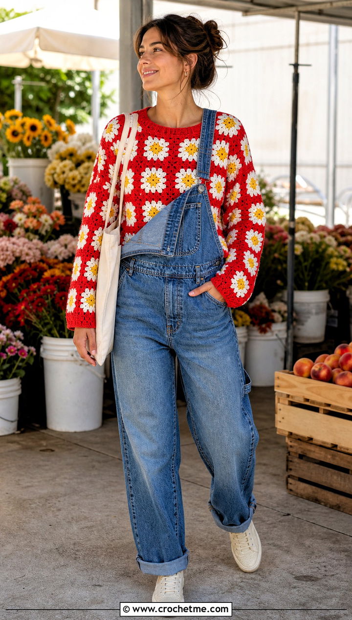 Daisy Granny Square Crochet Sweater With Overalls - 25 Patterned Crochet Sweater outfit ideas