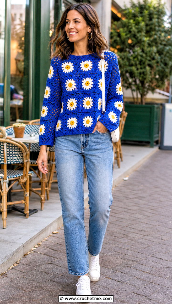 Daisy Granny Square Crochet Sweater With Straight Leg Jeans - 35 crochet sweater with flowers outfit ideas