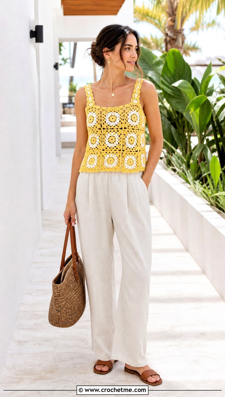 Daisy Granny Square Crochet Tank Top With Linen Pants - 25 Granny Square Crochet Tank Top outfit ideas