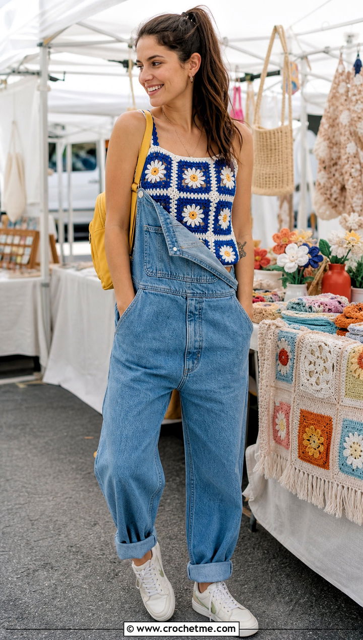 Daisy Granny Square Crochet Tank Top With Overalls - 30 crocheted tank tops outfit ideas