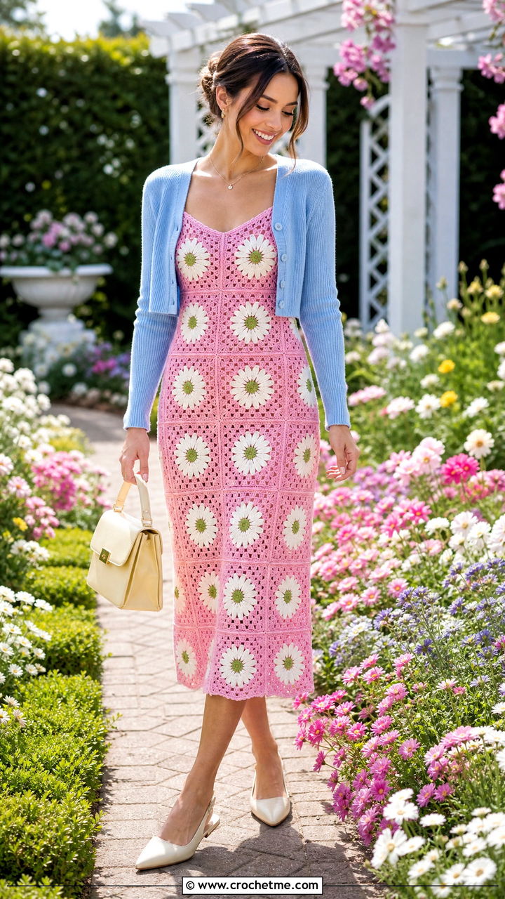 Daisy Granny Square Dress With Cropped Cardigan - 35 crochet granny square dress outfit ideas