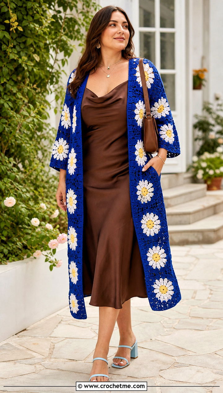 Daisy Granny Square Duster With Slip Dress - 25 Crochet Granny Square Duster outfit ideas