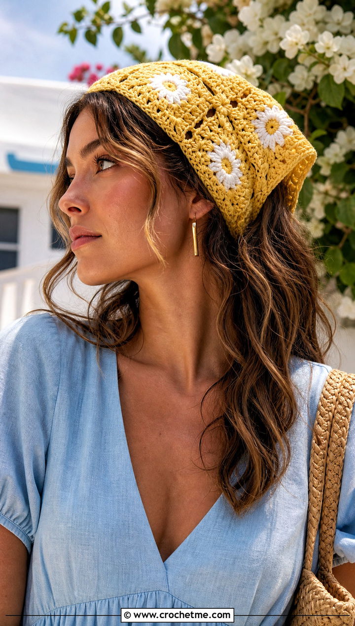 Daisy Granny Square Hair Scarf With Linen Midi Dress - 25 granny square hair scarf outfit ideas