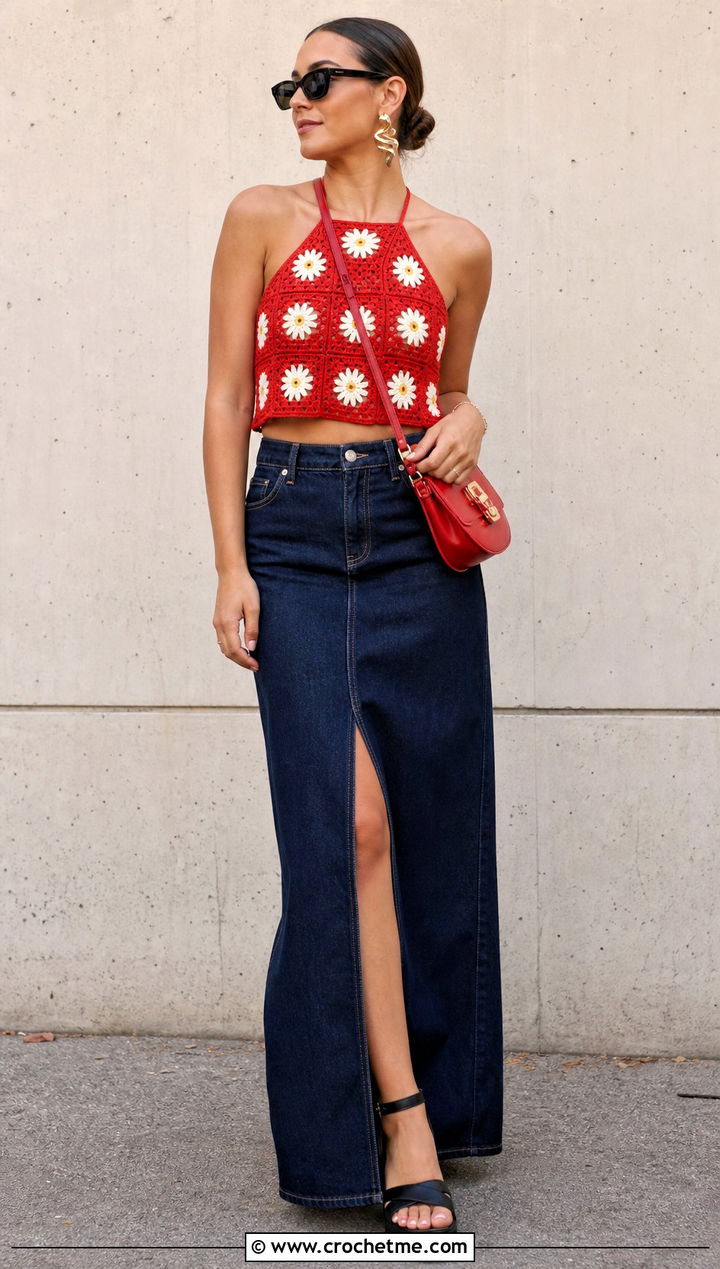 Daisy Granny Square Halter Top With Denim Maxi Skirt - 30 crochet granny square summer top outfit ideas