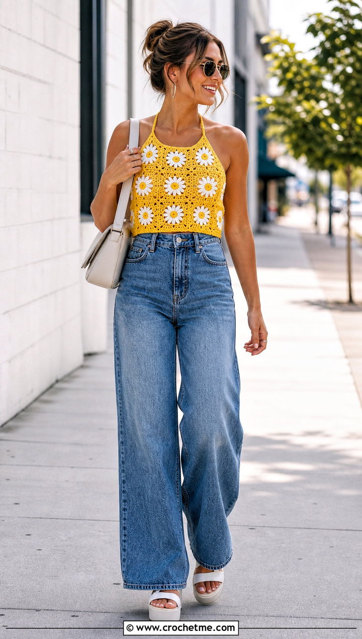 Daisy Granny Square Halter With Wide Leg Jeans - 15 floral crochet halter design outfit ideas