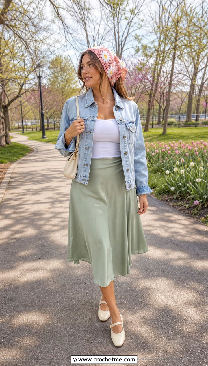 Daisy Granny Square Head Scarf With Denim Jacket And Midi Skirt - 35 granny square head scarf outfit ideas