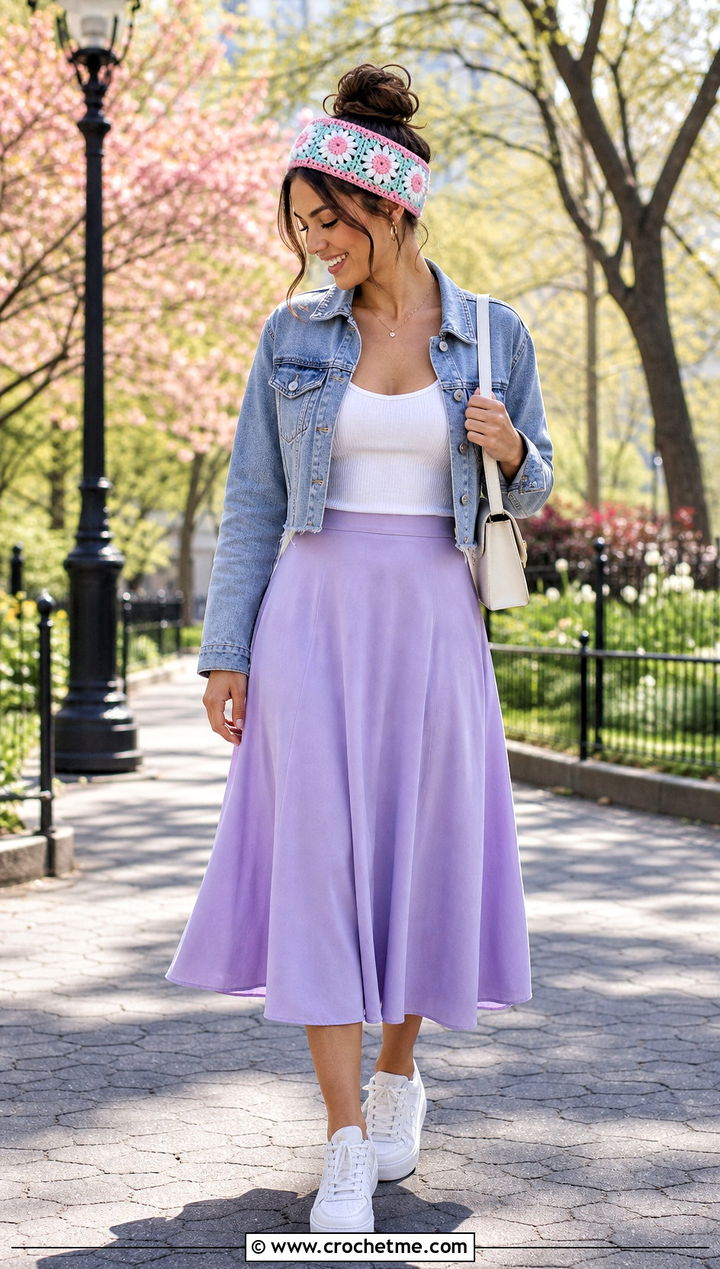 Daisy Granny Square Headband With Denim Jacket And Skirt - 35 granny square headband outfit ideas