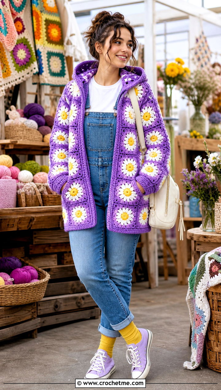 Daisy Granny Square Hooded Cardigan With Denim Overalls - 25 Granny Square Hooded Cardigan outfit ideas