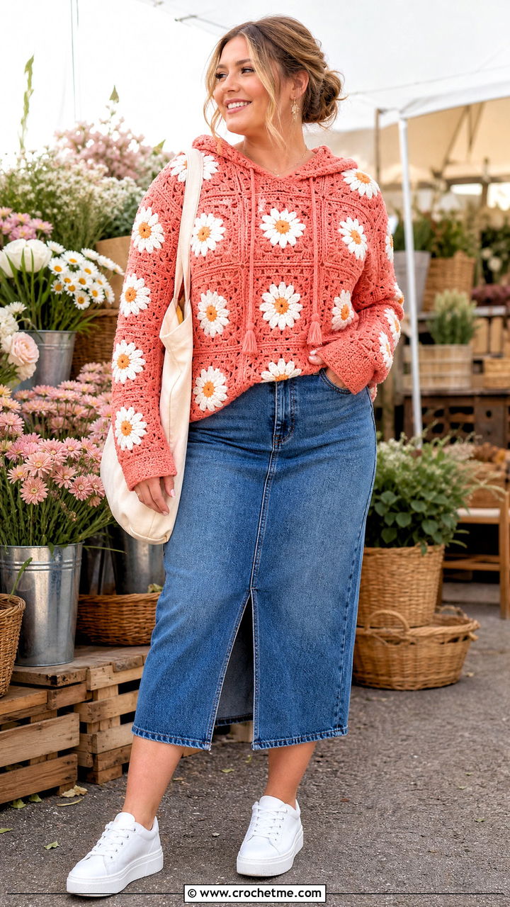 Daisy Granny Square Hoodie With Denim Midi Skirt - 35 granny square hoodie outfit ideas
