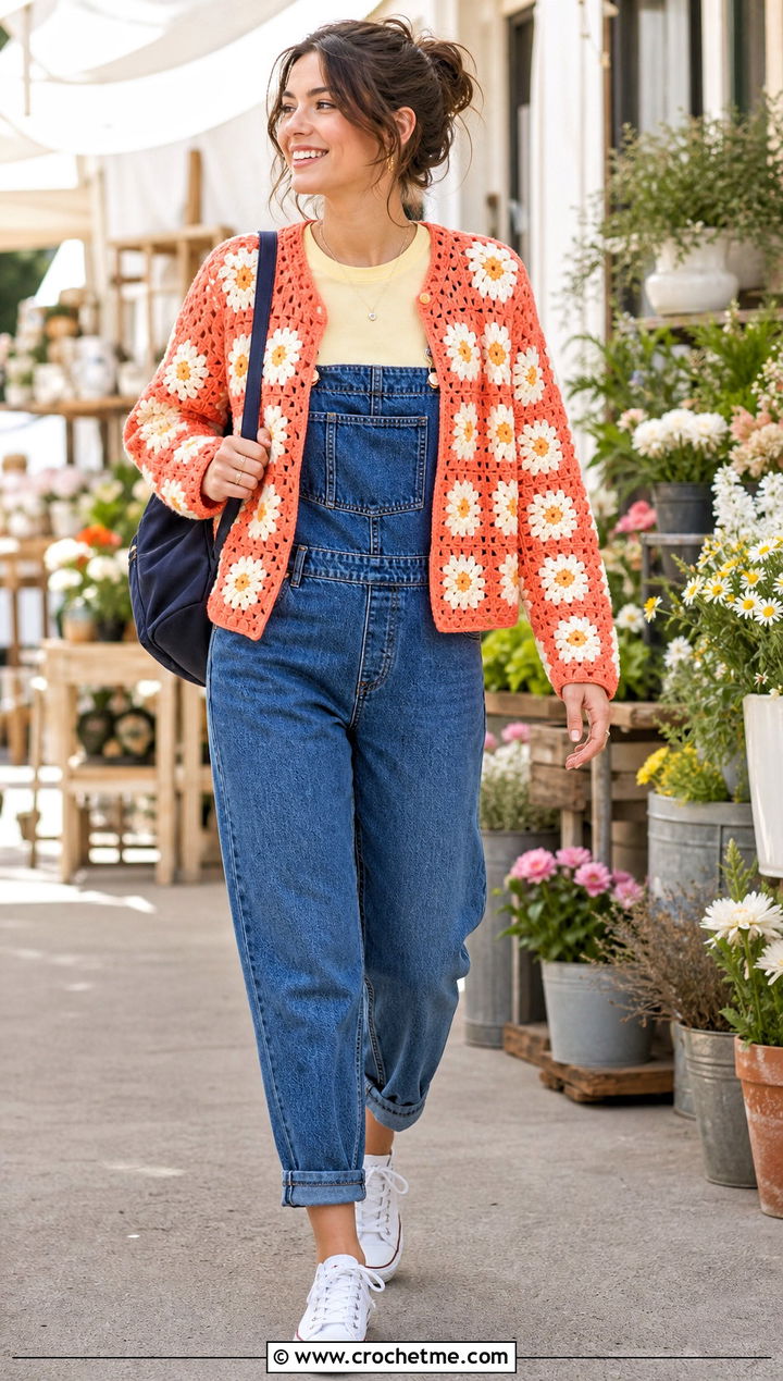 Daisy Granny Square Jacket With Denim Overalls - 30 crochet granny square jacket outfit ideas