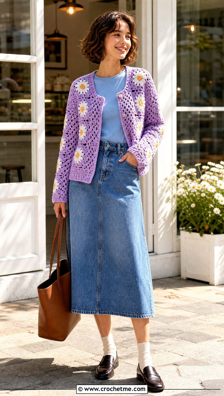 Daisy Granny Square Jacket With Denim Skirt - 30 granny square jackets outfit ideas