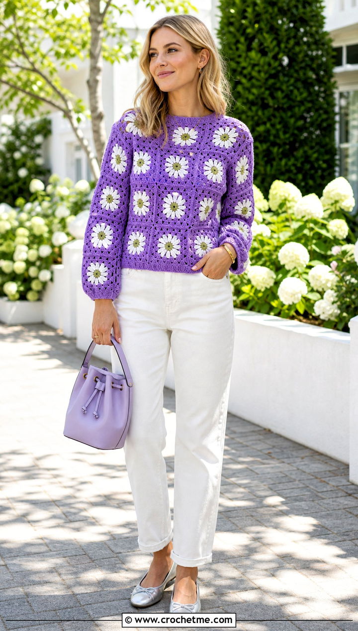 Daisy Granny Square Jumper With White Jeans - 25 Crochet Granny Jumper outfit ideas