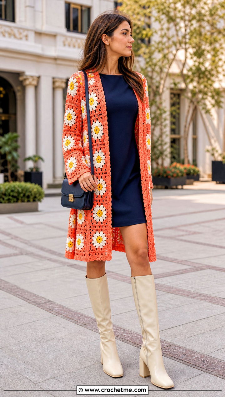 Daisy Granny Square Kimono With Mini Dress and Boots - 30 granny square kimono outfit ideas