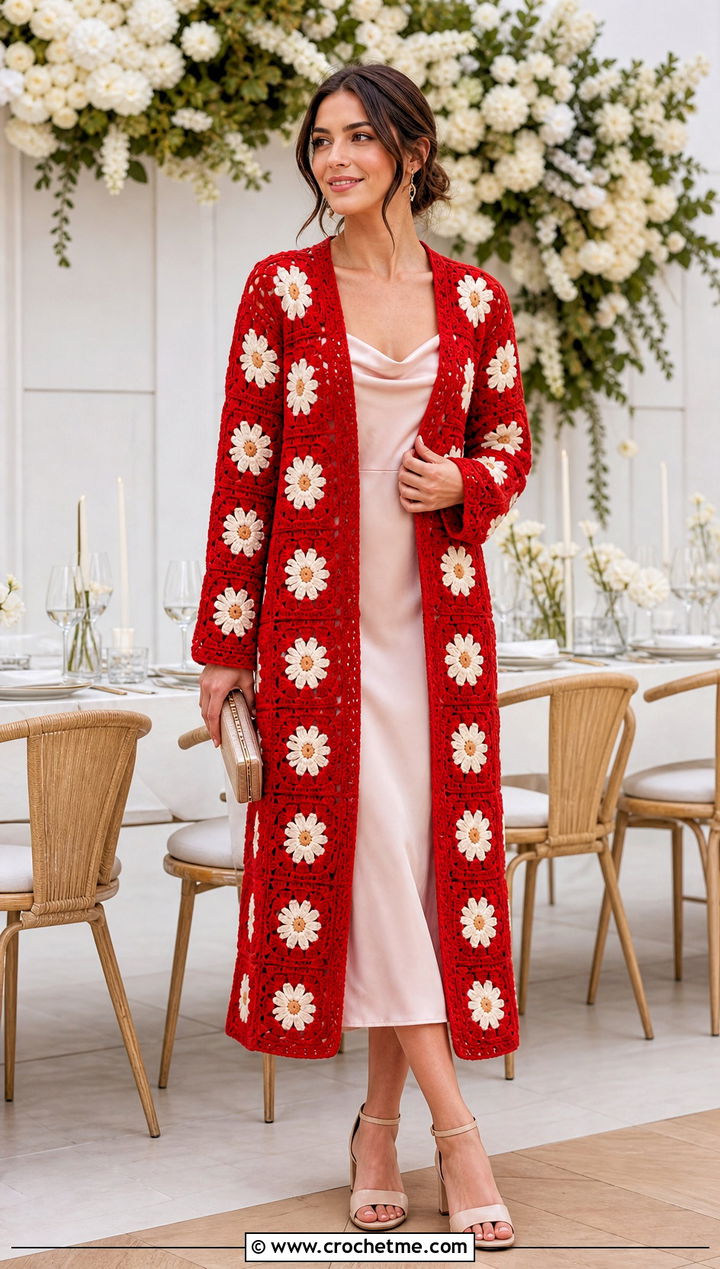 Daisy Granny Square Long Cardigan With Slip Dress - 25 granny square long cardigan outfit ideas