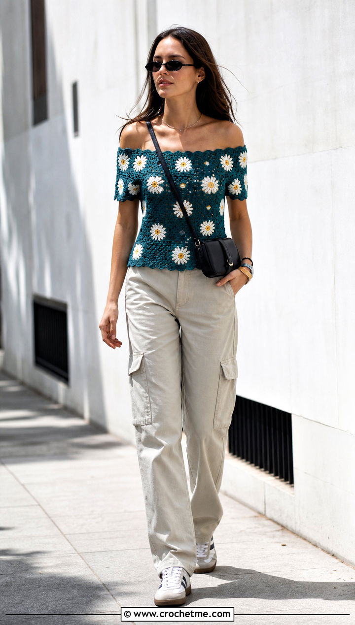 Daisy Granny Square Off The Shoulder Top With Cargo Pants - 15 Crochet Off The Shoulder Granny Square Top outfit ideas