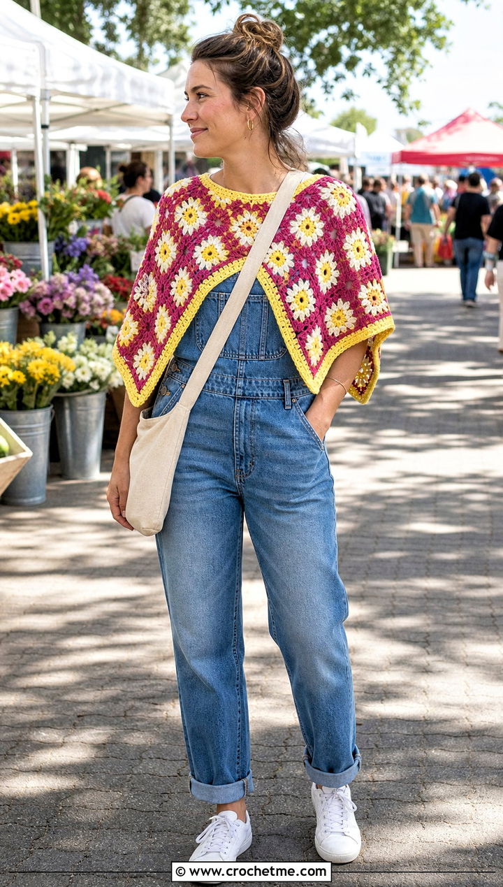 Daisy Granny Square Poncho With Denim Overalls - 35 granny square poncho outfit ideas
