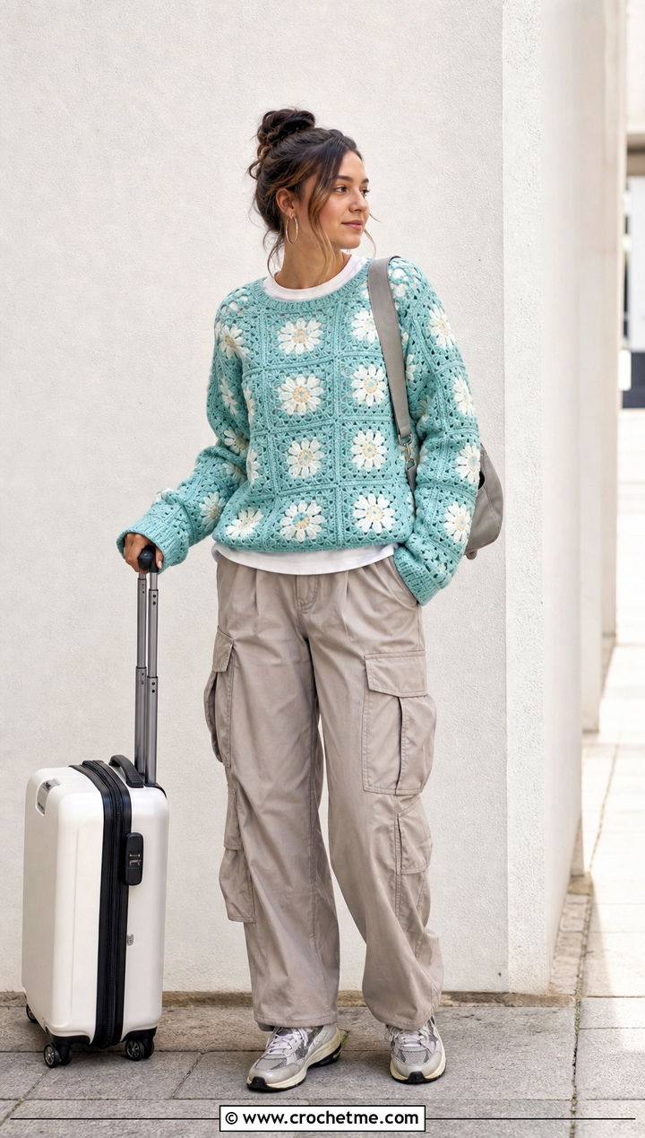 Daisy Granny Square Pullover Sweater With Cargo Pants - 25 crochet granny square pullover sweater outfit ideas