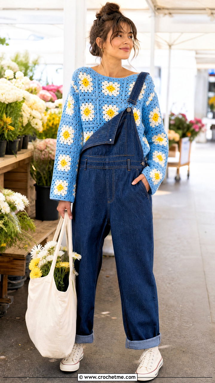Daisy Granny Square Pullover With Overalls - 35 granny square pullover outfit ideas