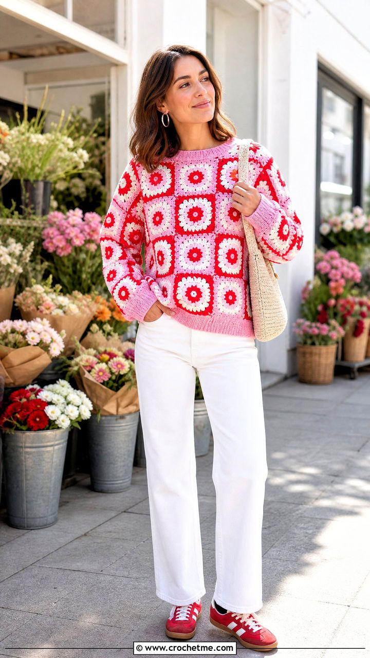 Daisy Granny Square Pullover With White Jeans - 35 crochet granny square pullover outfit ideas