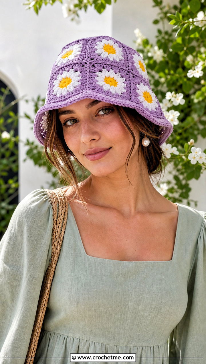 Daisy Granny Square Purple Crochet Bucket Hat With Linen Dress - 30 purple crochet bucket hat outfit ideas