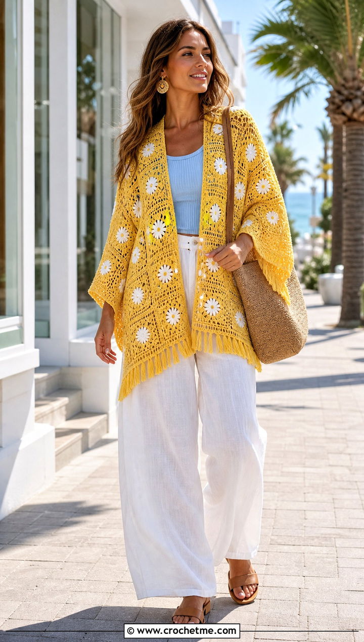 Daisy Granny Square Ruana With Linen Pants - 25 Granny Square Ruana outfit ideas