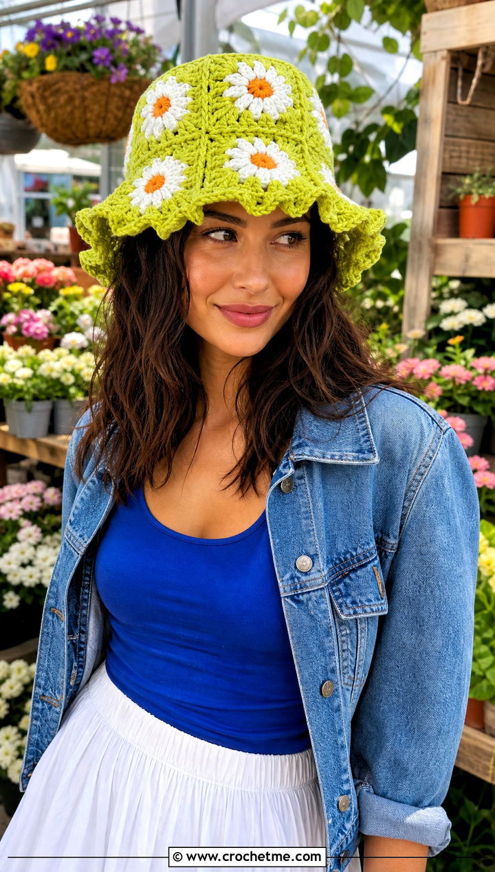 Daisy Granny Square Ruffle Bucket Hat With Midi Skirt - 25 Crochet Bucket Hat With Ruffles outfit ideas