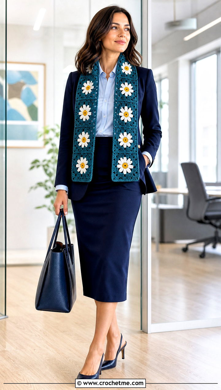 Daisy Granny Square Scarf With Blazer And Pencil Skirt - 35 granny square crochet scarf outfit ideas