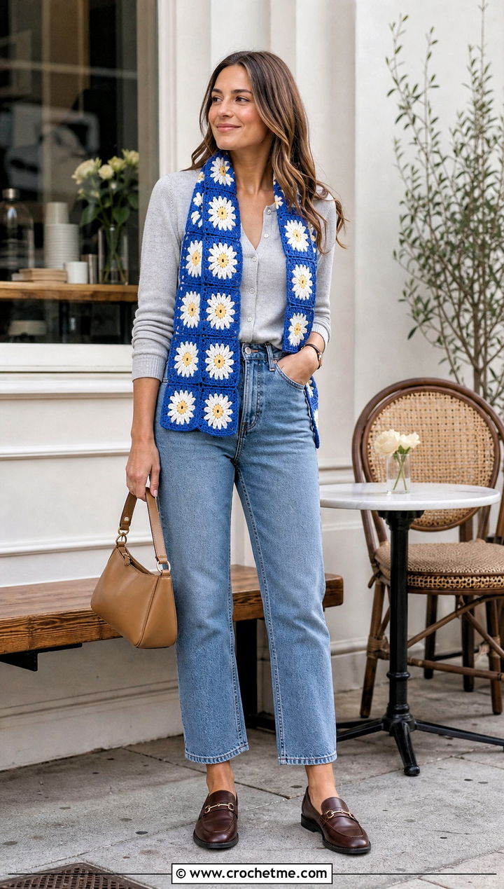 Daisy Granny Square Scarf With Cardigan And Jeans - 35 granny crochet scarf outfit ideas