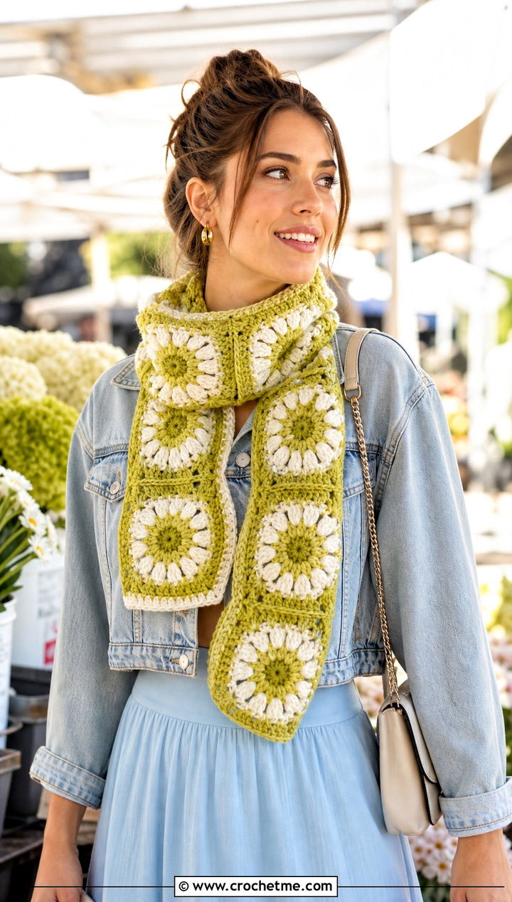 Daisy Granny Square Scarf With Denim Jacket And Midi Skirt - 30 crochet scarf squares outfit ideas