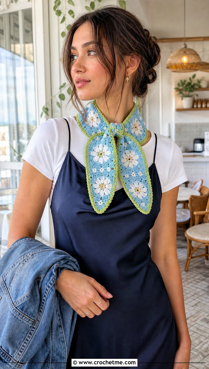 Daisy Granny Square Scarf With Slip Dress And Sneakers - 30 crochet granny square scarf outfit ideas